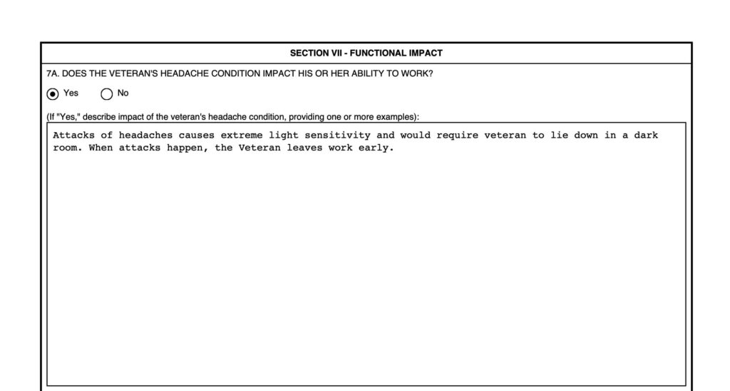 Sample Headaches Disability Benefits Questionnaire showing the examiner's comments on Functional Impact which can be used to determine effect on employment.