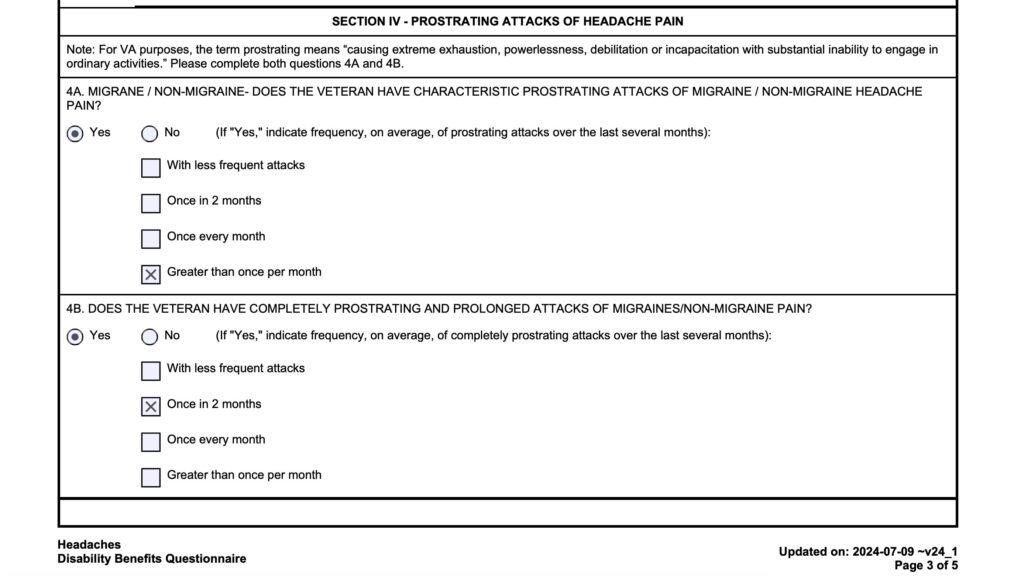 A sample headache Disability Benefits Questionnaire (DBQ) showing prostrating attacks and completely prostrating attacks